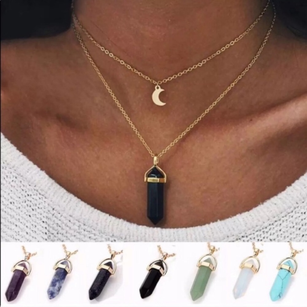 Boho Moon Layered Chakra Necklace Turquoise